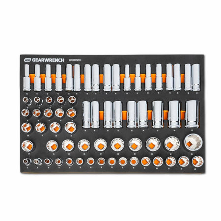  GEARWRENCH foam tray with chrome sockets arranged in rows. Deep sockets are in the top row, standard sockets below. Orange indicators highlight each slot, aiding organization and visibility in professional tool storage.