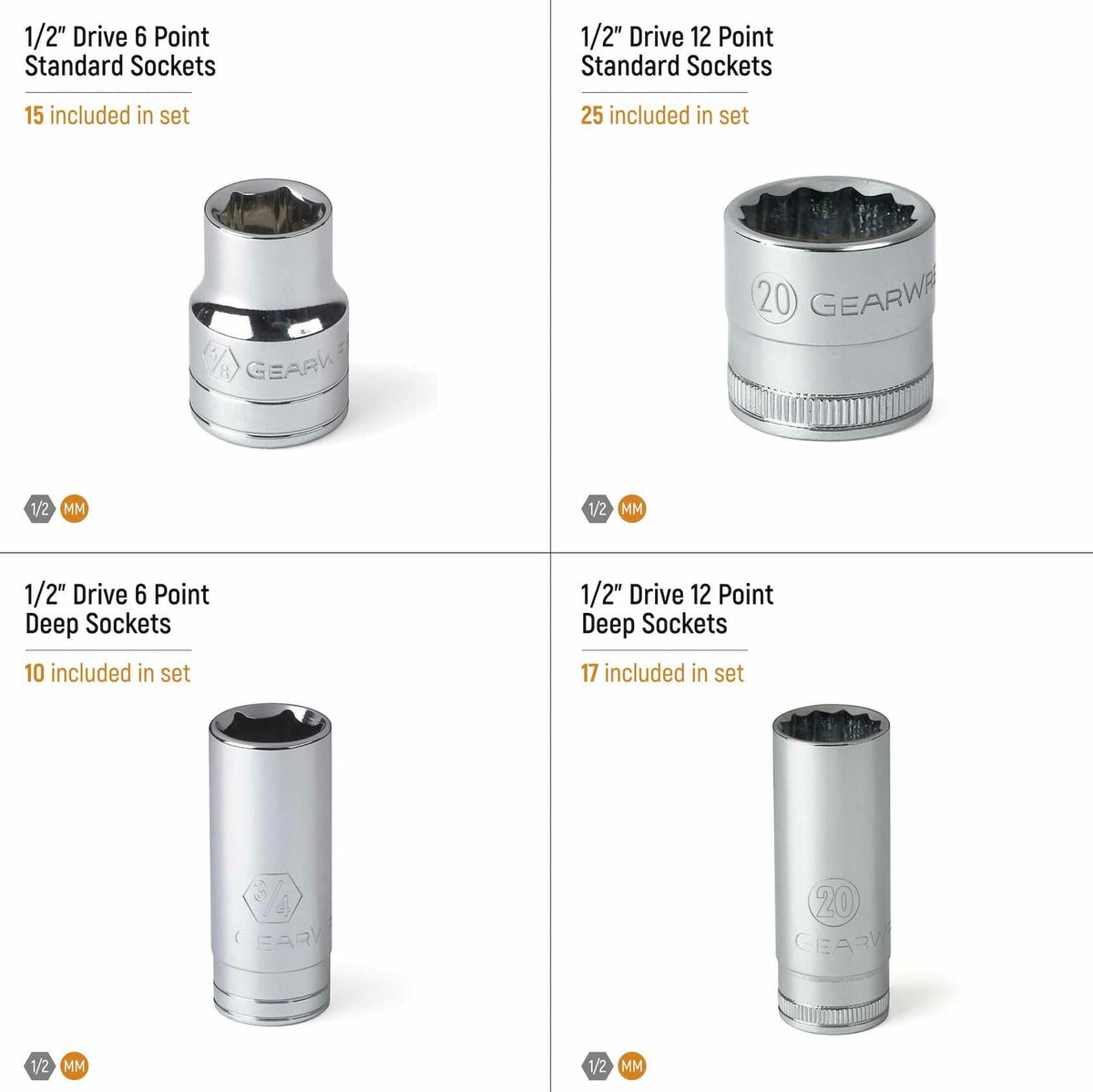 Promotional layout showing four categories of GEARWRENCH 1/2" drive metric sockets: 6-point standard (15 pieces), 12-point standard (25 pieces), 6-point deep (10 pieces), and 12-point deep (17 pieces). Each socket is labeled and visually grouped by type.