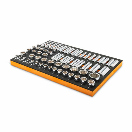 A black and orange foam tray containing socket wrenches, ratchet handles, and extensions. Tools are arranged by size and type, showcasing a complete set for mechanical tasks such as fastening and loosening bolts.