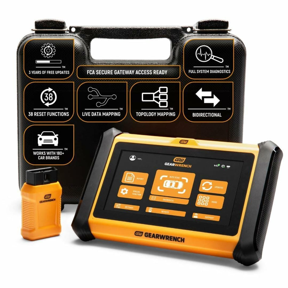 GEARWRENCH diagnostic kit with rugged tablet, plug-in module, and carrying case. Tablet screen shows diagnostic icons. Case lists features including full system diagnostics, live data mapping, and FCA secure gateway access.