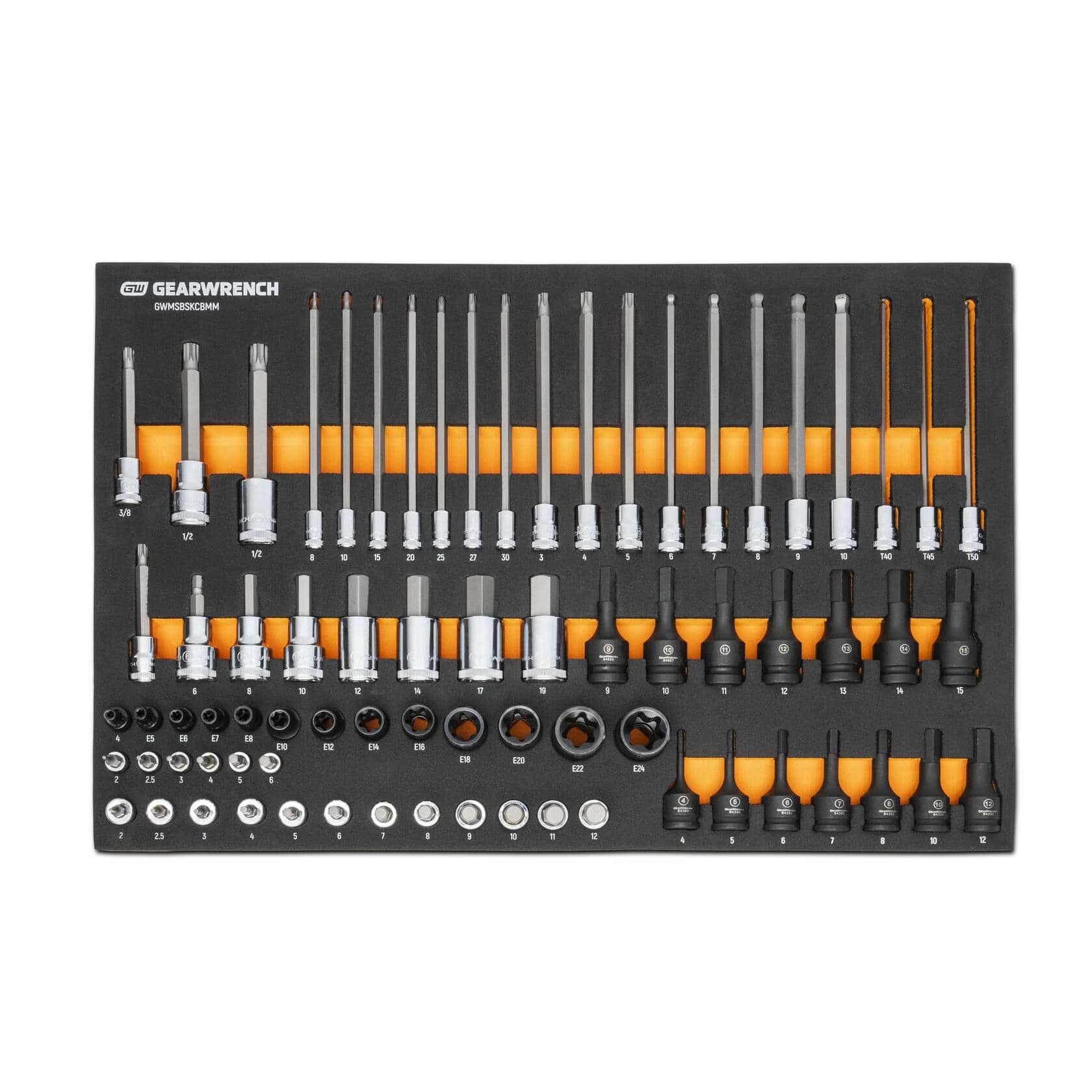 GEARWRENCH DRIVER SET in foam tray with labeled rows of long and short screwdriver bits, socket adapters, and external Torx bits; organized for quick identification and access.