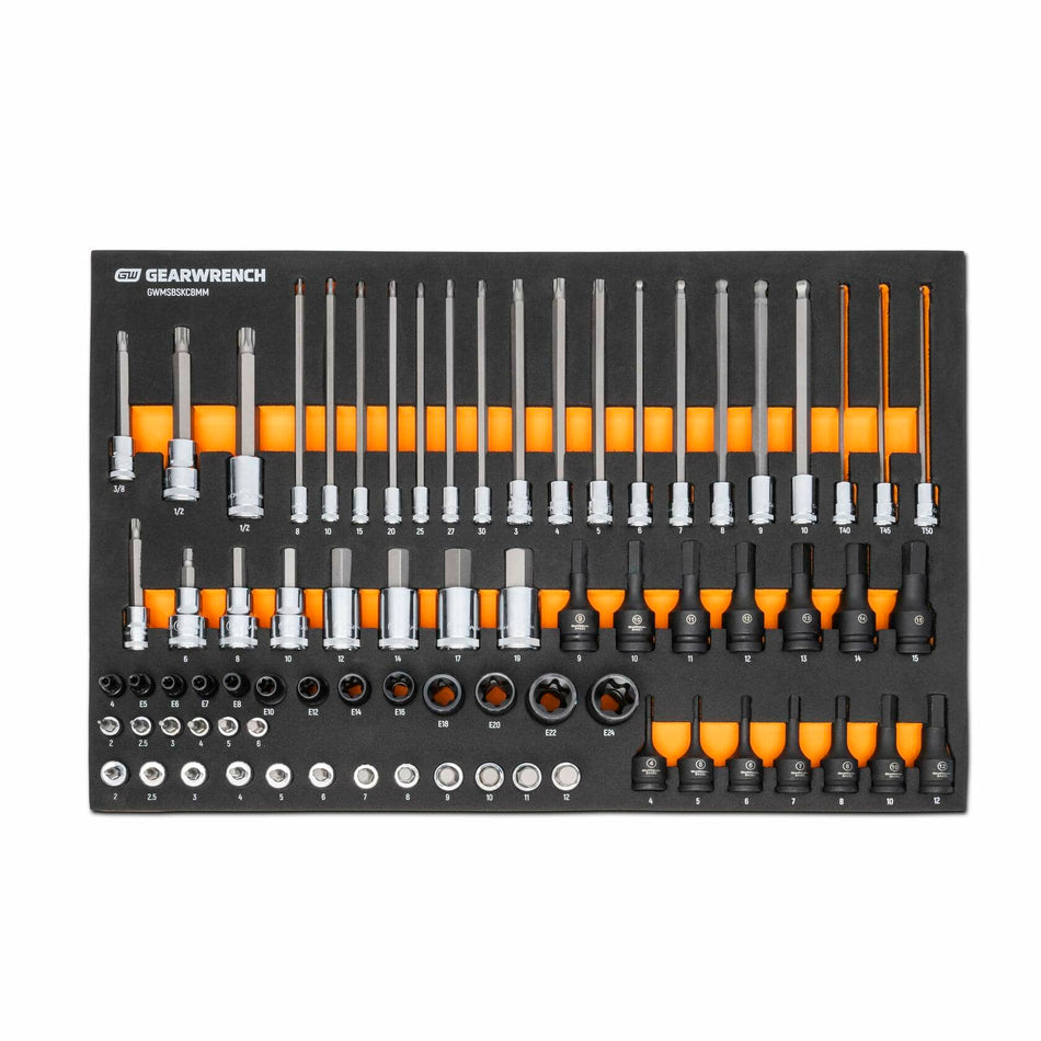 GEARWRENCH DRIVER SET in foam tray with labeled rows of long and short screwdriver bits, socket adapters, and external Torx bits; organized for quick identification and access.
