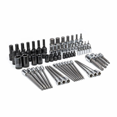 Comprehensive set of hex and Torx bit sockets arranged in rows; includes short and long sockets with chrome and black oxide finishes for fastening and loosening applications.