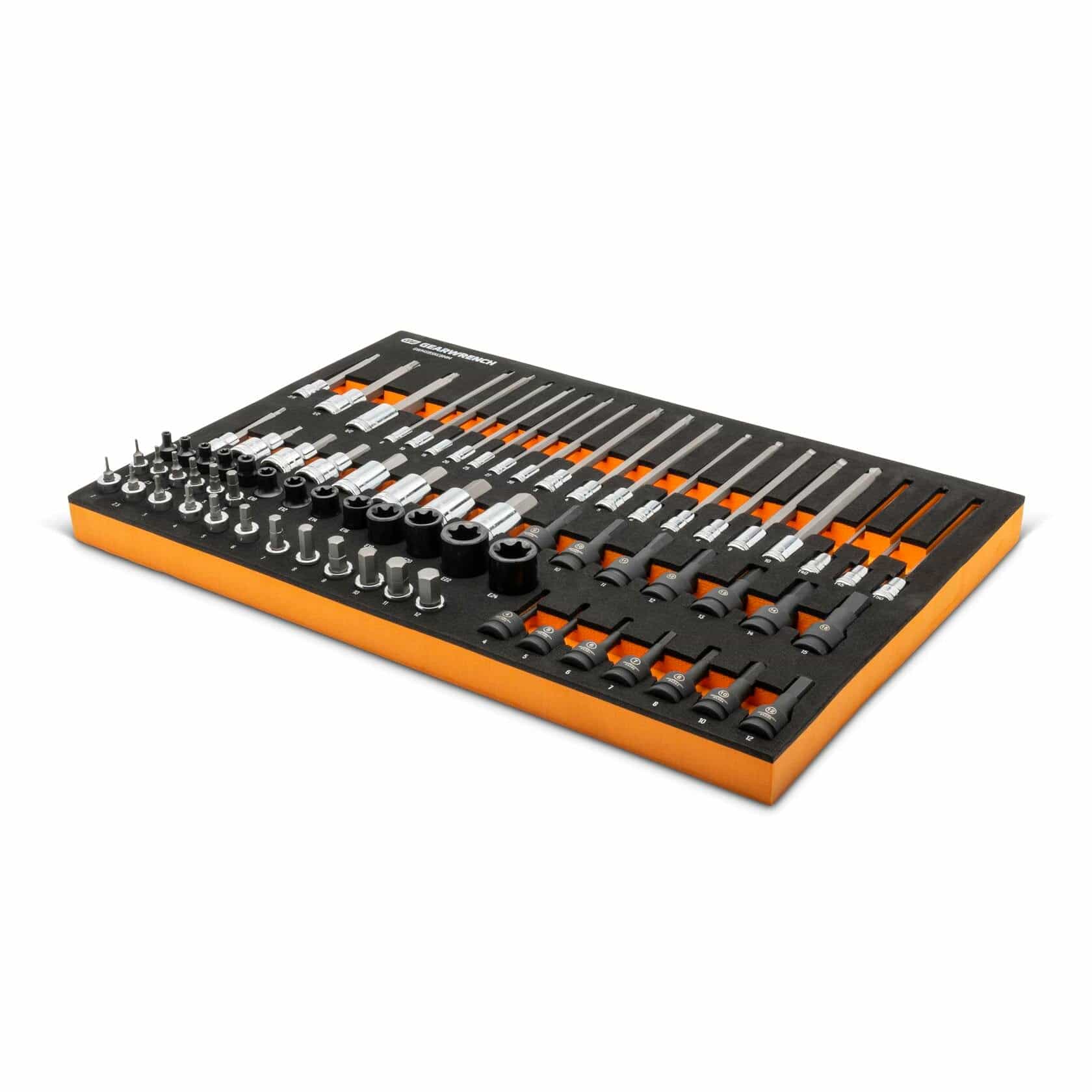 "Precision socket and bit set arranged in orange foam tray; includes screwdriver bits, sockets, extension bars, and torque adapters for professional mechanical or engineering tasks."