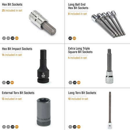 Visual breakdown of six GEARWRENCH metric socket bit types with quantities and drive sizes; includes hex, long ball end hex, impact hex, triple square, external Torx, and long Torx sockets