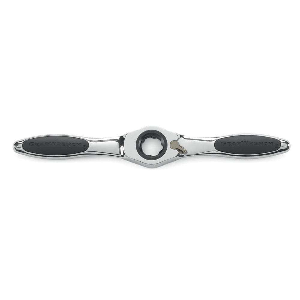 Double-ended ratcheting wrench with black rubber grips and central rotating mechanism, designed for tightening or loosening fasteners in confined spaces