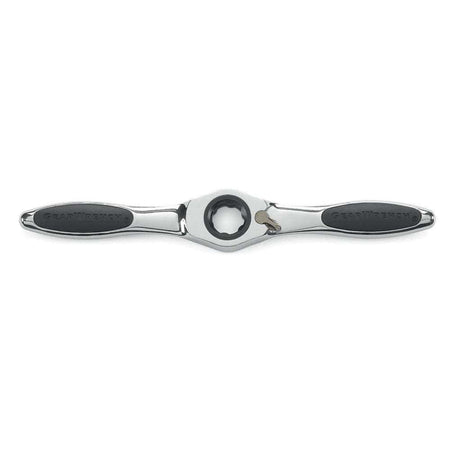 Double-ended ratcheting wrench with black rubber grips and central rotating mechanism, designed for tightening or loosening fasteners in confined spaces