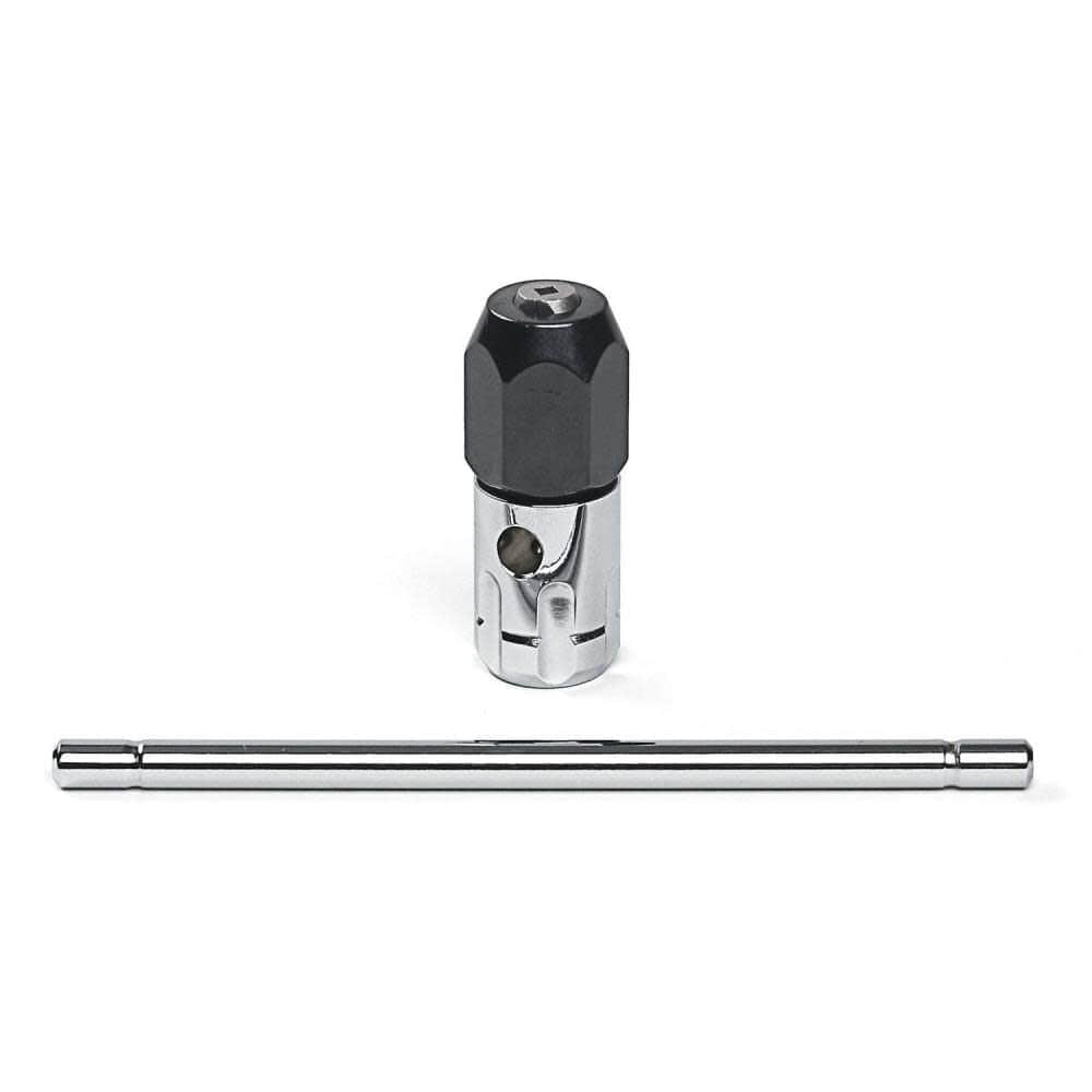 T-handle tap wrench with detachable metal handle and knurled grip, used for manually threading holes in metalworking and machining tasks.
