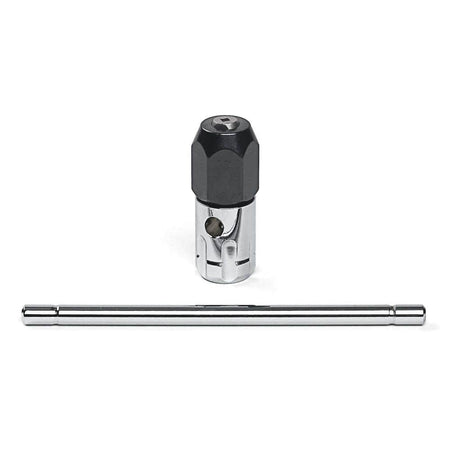 T-handle tap wrench with detachable metal handle and knurled grip, used for manually threading holes in metalworking and machining tasks.