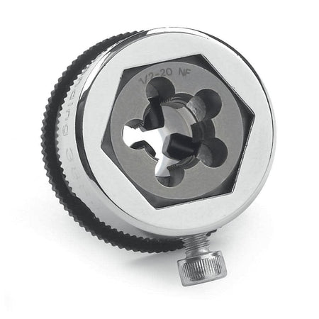 Round adjustable threading die marked "1/2-20 NF" with internal cutting edges and side screw, used for cutting external threads on metal rods.