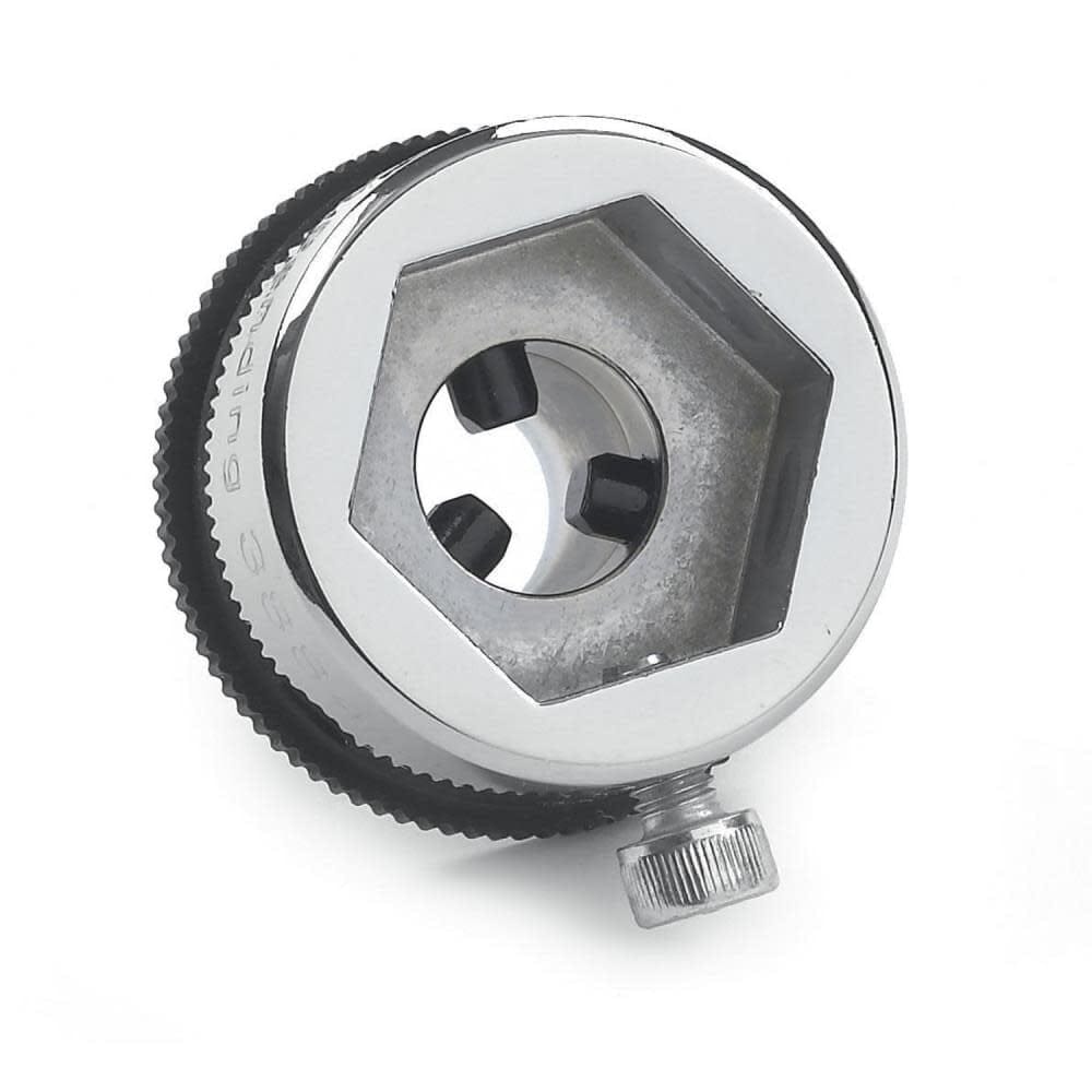 Metal die stock holder with knurled grip and central hex opening, designed to secure threading dies for external thread cutting operations.