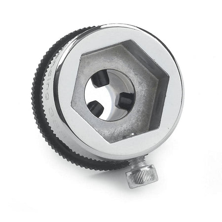 Metal die stock holder with knurled grip and central hex opening, designed to secure threading dies for external thread cutting operations.