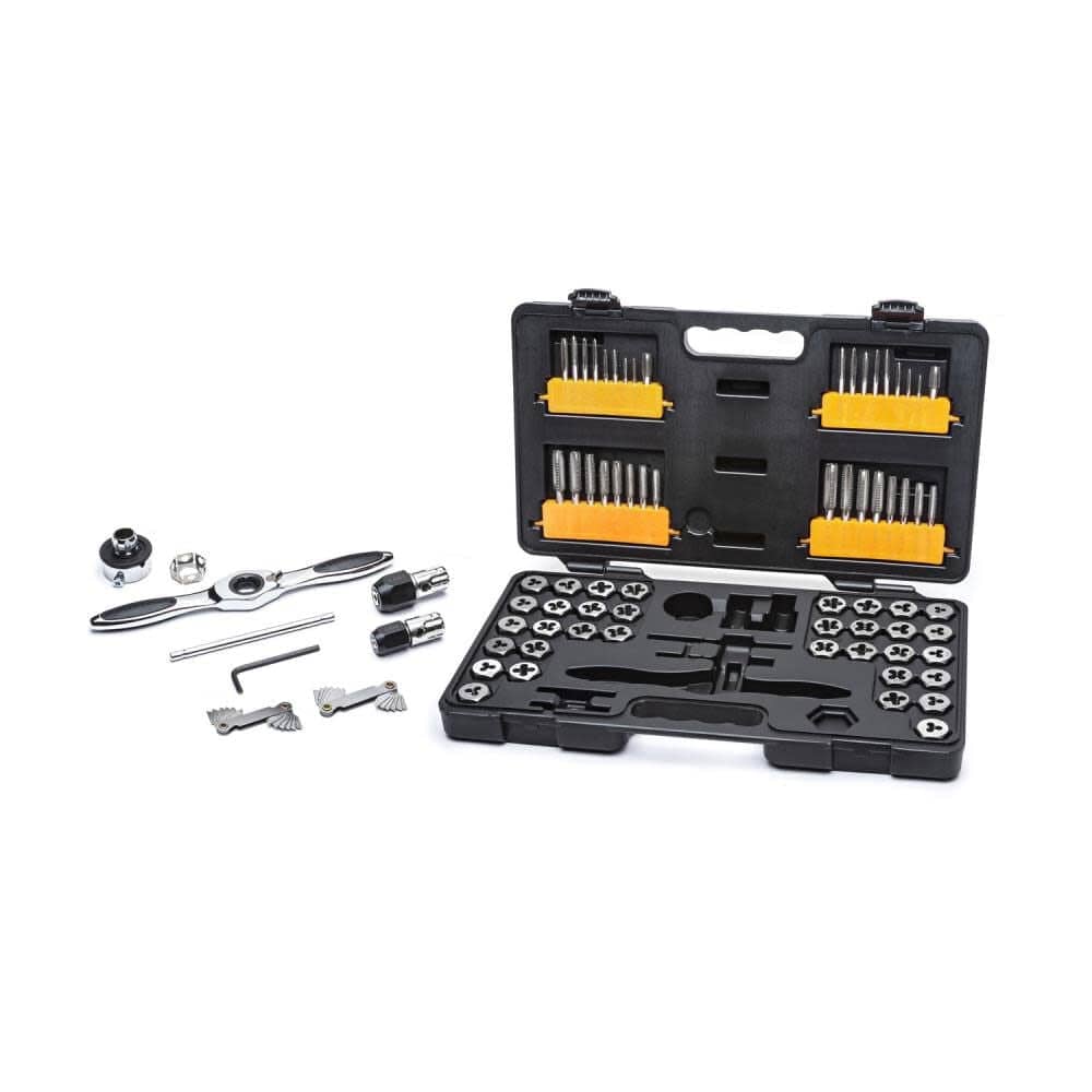 Organized tap and die set in black plastic case with yellow holders, featuring taps, dies, wrenches, and accessories for threading screws and bolts.