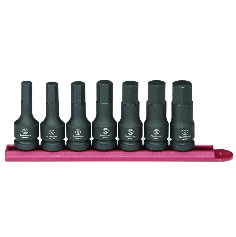 Seven black impact hex bit sockets displayed side-by-side on their red plastic storage rail, showing the visible size and impact logo markings.