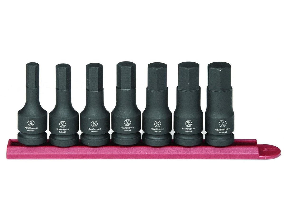 Seven black impact hex bit sockets displayed side-by-side on their red plastic storage rail, showing the visible size and impact logo markings.