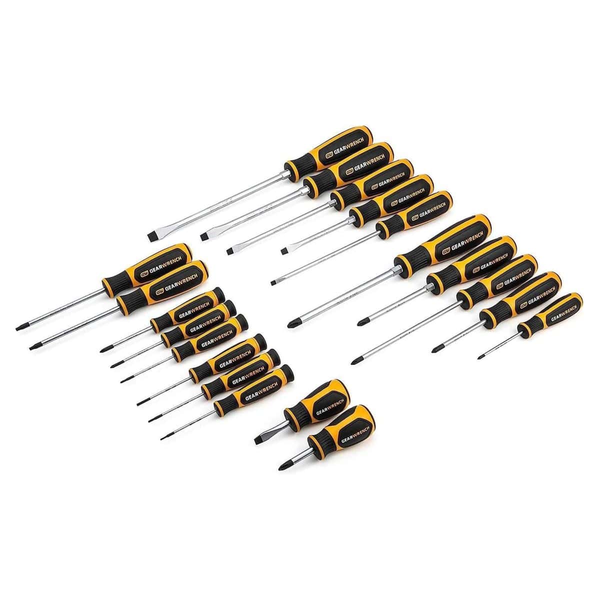 A comprehensive studio shot of the GEARWRENCH 80066H 20-piece screwdriver set featuring a full range of Phillips, Slotted, and Torx drivers with ergonomic tri-lobe dual-material handles.