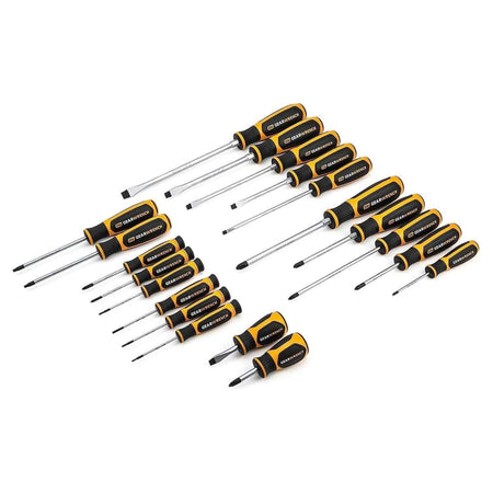 A comprehensive studio shot of the GEARWRENCH 80066H 20-piece screwdriver set featuring a full range of Phillips, Slotted, and Torx drivers with ergonomic tri-lobe dual-material handles.