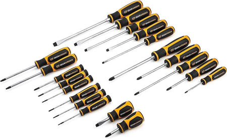 A comprehensive studio shot of the GEARWRENCH 80066H 20-piece screwdriver set featuring a full range of Phillips, Slotted, and Torx drivers with ergonomic tri-lobe dual-material handles.