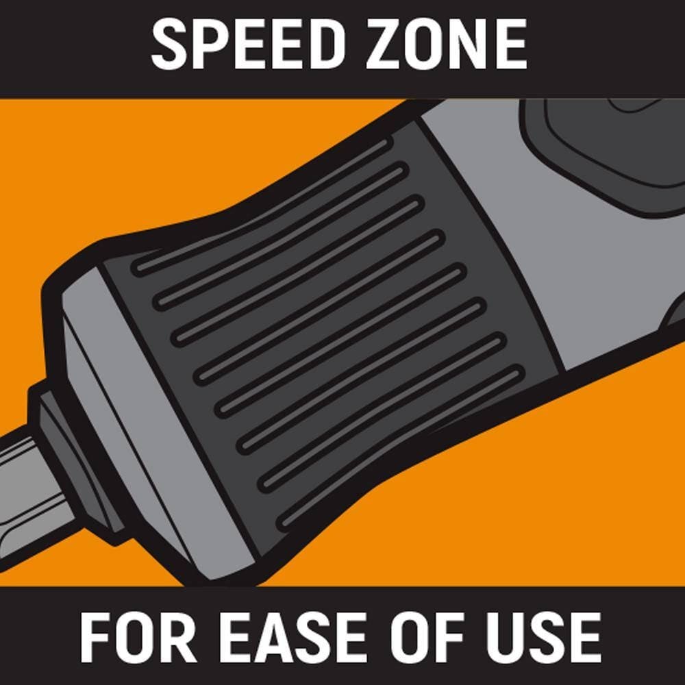 A close-up technical graphic of the GEARWRENCH speed zone handle design, highlighting the specialized texture engineered for faster rotation and ease of use in low-torque applications.