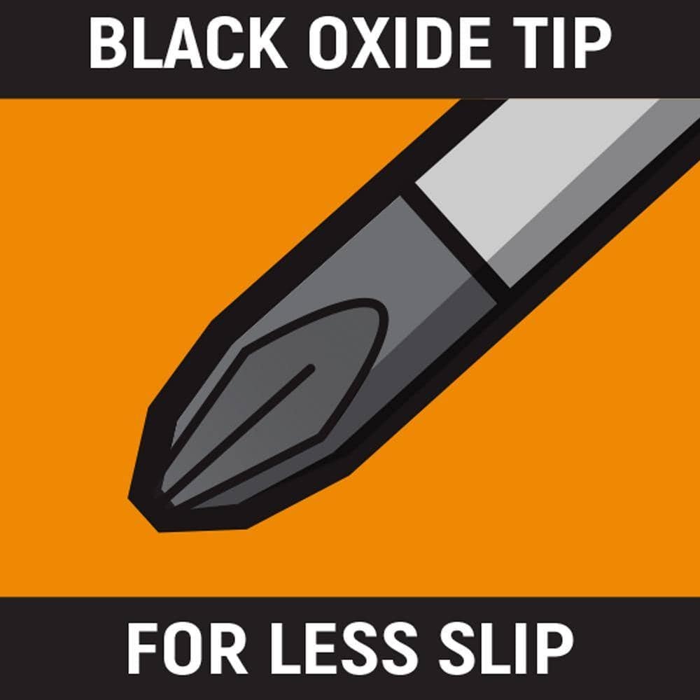 A detailed marketing icon of the GEARWRENCH black oxide tip, illustrating how the precision-machined coating provides a secure fit for less slip during heavy-duty fastening tasks.