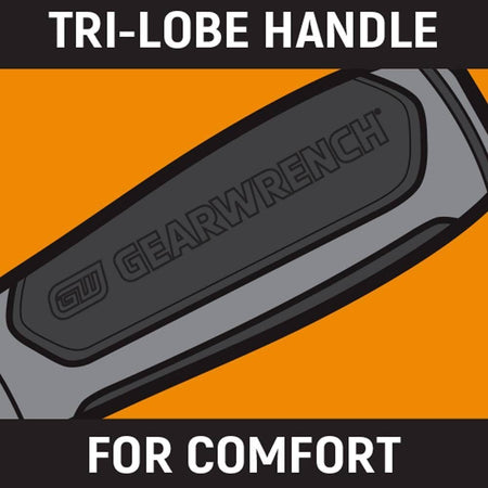 An informational graphic of the GEARWRENCH tri-lobe handle, showcasing the ergonomic shape designed for maximum user comfort and high-torque efficiency.