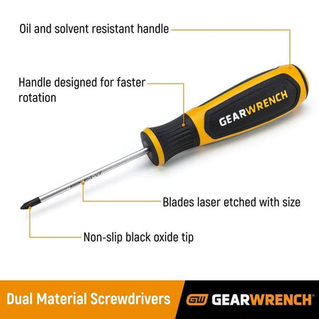 A detailed marketing graphic of a GEARWRENCH screwdriver highlighting key features such as the oil and solvent resistant handle, speed zone for faster rotation, laser-etched size markings, and black oxide non-slip tips.