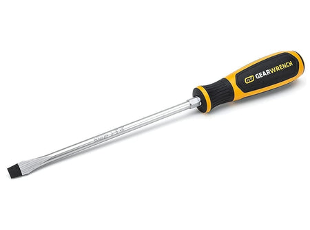 A side-profile view of a GEARWRENCH standard slotted screwdriver highlighting the full polish alloy steel shaft and the ergonomic contoured handle design for maximum comfort and high-torque performance.