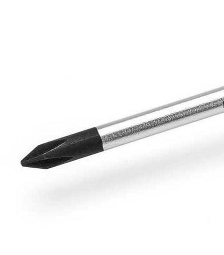 A detailed view of a GEARWRENCH Phillips head screwdriver tip featuring a black oxide coating for increased traction and professional-grade durability in automotive and industrial applications.