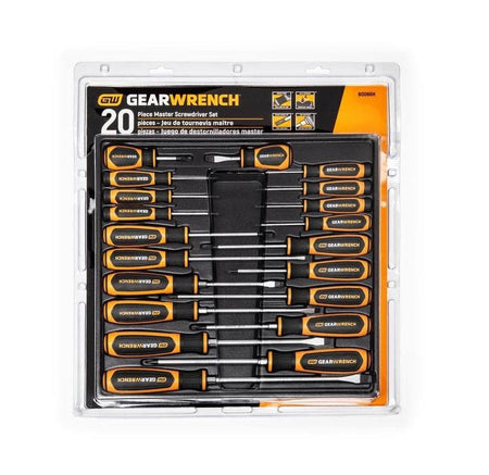 A front-facing view of the clamshell retail package for the 20-piece GEARWRENCH screwdriver set, emphasizing its professional quality and comprehensive selection of industrial tip styles.