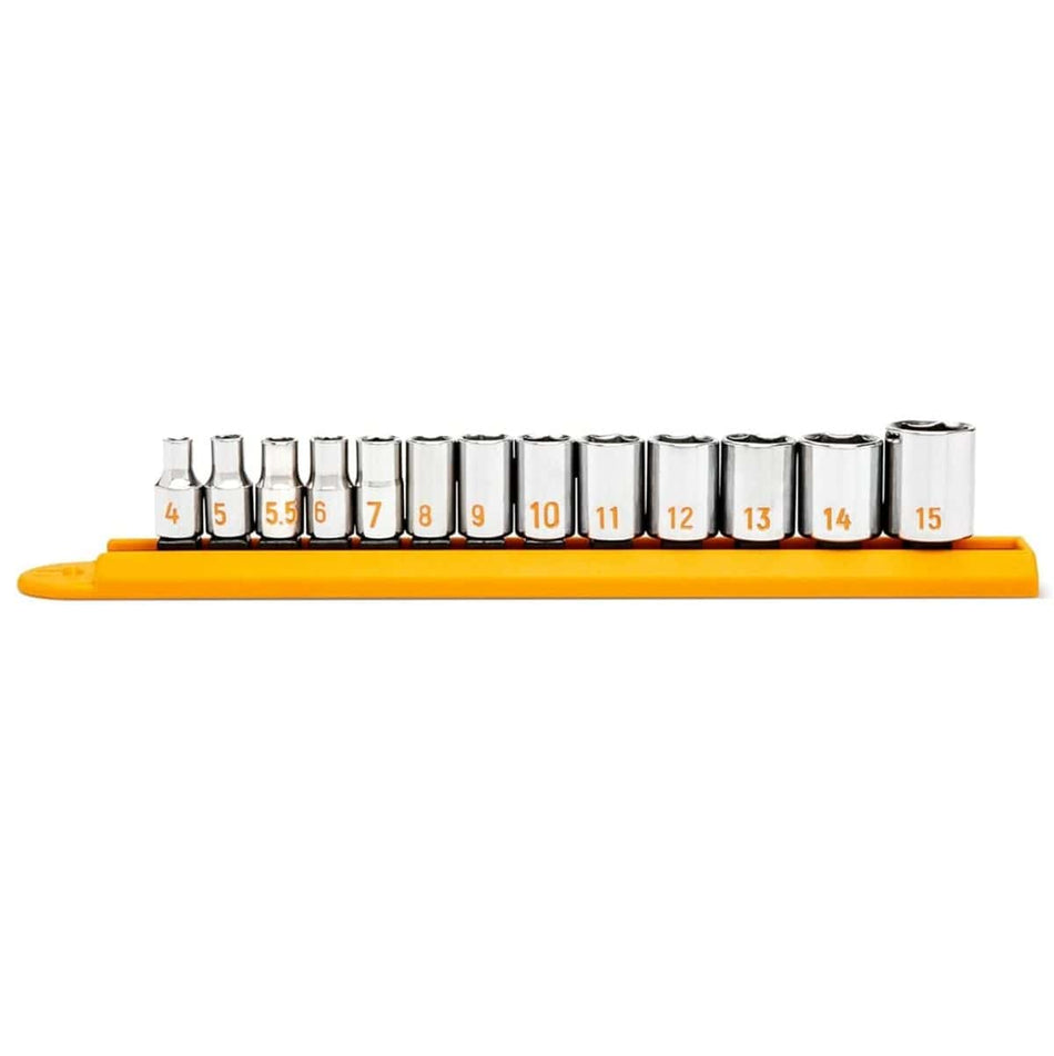 A side-profile studio shot of the GEARWRENCH 80302H 13-piece metric Hi-Viz socket set organized on a high-visibility orange socket rail, highlighting the clear orange color-filled size markings for rapid identification.