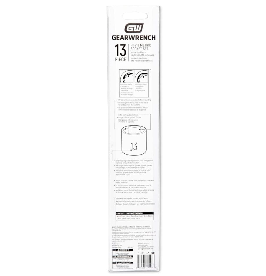 The back of the retail package for the GEARWRENCH Hi-Viz metric socket set, providing a detailed contents list and illustrating technical features such as off-corner loading to reduce fastener rounding and chamfered openings.
