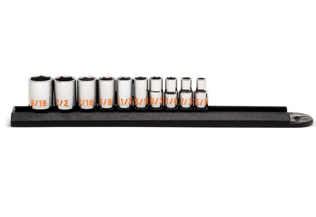 A side-profile studio shot of the GEARWRENCH 80303H 10-piece SAE Hi-Viz socket set organized on a professional black socket rail, highlighting the high-visibility orange color-filled size markings.