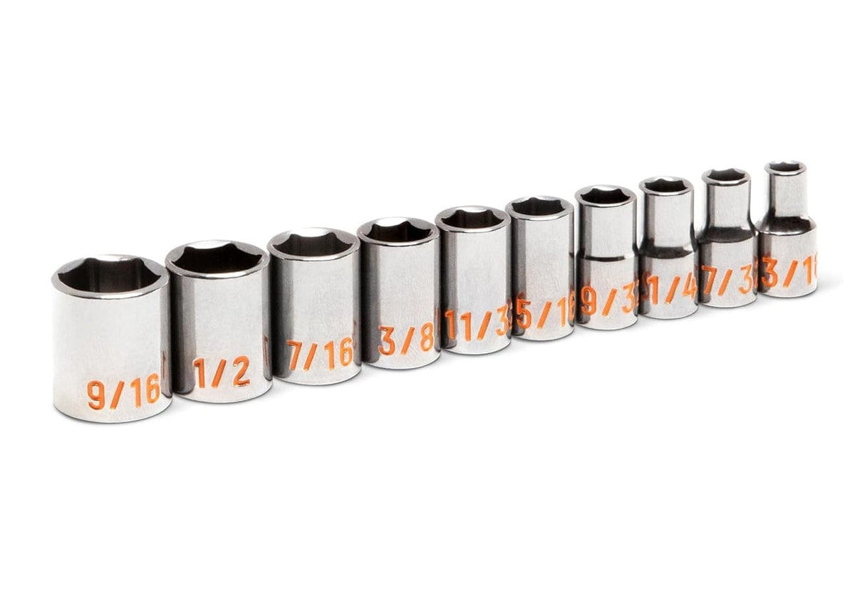 An angled perspective view of the GEARWRENCH 10-piece 1/4 inch drive socket set, showcasing the full polish chrome finish and the clear range of SAE sizes from 3/16 inch to 9/16 inch.