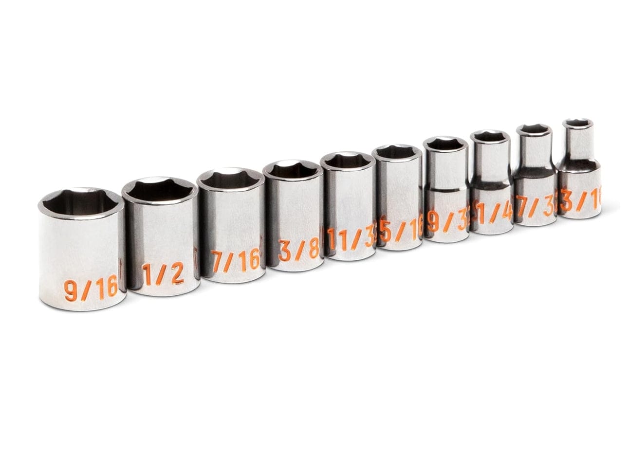 An angled perspective view of the GEARWRENCH 10-piece 1/4 inch drive socket set, showcasing the full polish chrome finish and the clear range of SAE sizes from 3/16 inch to 9/16 inch.