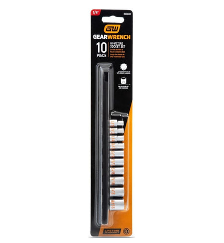 The front-facing retail blister packaging for the GEARWRENCH 80303H 10-piece set, emphasizing the Hi-Viz SAE socket technology, 6-point design, and professional lifetime warranty.