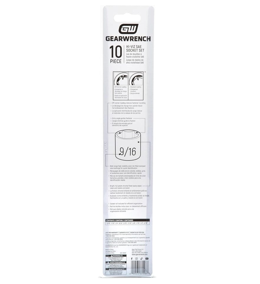 The back of the retail package for the GEARWRENCH Hi-Viz socket set, providing a detailed contents list and illustrating technical benefits such as off-corner loading to reduce fastener rounding and chamfered openings.