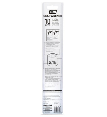 The back of the retail package for the GEARWRENCH Hi-Viz socket set, providing a detailed contents list and illustrating technical benefits such as off-corner loading to reduce fastener rounding and chamfered openings.