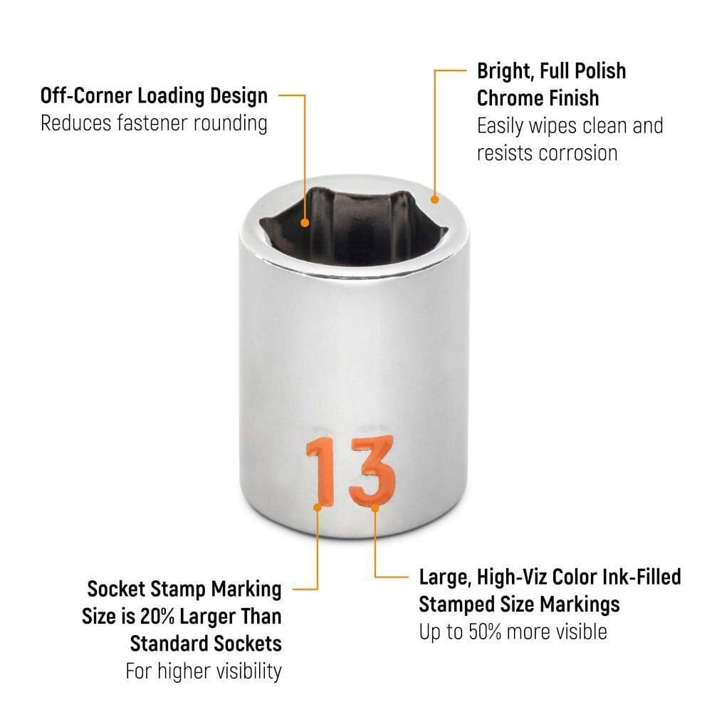 An informational marketing graphic of a GEARWRENCH Hi-Viz socket highlighting the 20 percent larger stampings, 50 percent more visible color-ink-filled markings, and off-corner loading design.