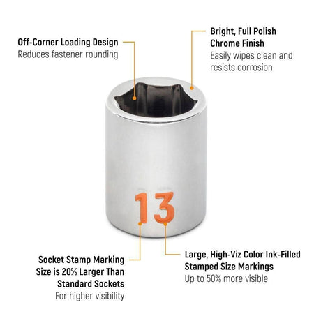 An informational marketing graphic of a GEARWRENCH Hi-Viz socket highlighting the 20 percent larger stampings, 50 percent more visible color-ink-filled markings, and off-corner loading design.