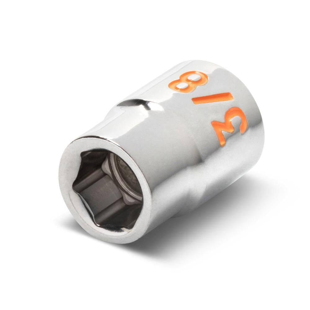 A detailed close-up shot of a 3/8 inch GEARWRENCH Hi-Viz socket, showcasing the precision 6-point hex opening and the large orange stamped size marking for rapid identification.