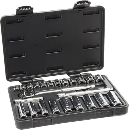 An open view of the GEARWRENCH 24-piece 3/8-inch drive metric mechanics tool set organized in a durable black blow mold case, featuring a 90-tooth teardrop ratchet, extension bars, and a comprehensive range of standard and deep sockets.