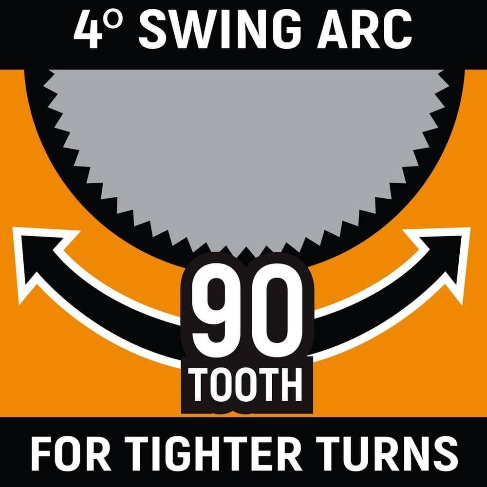 A feature graphic demonstrating the 90-tooth gear mechanism, which provides a tight 4-degree swing arc for making tighter turns and engaging fasteners in highly restricted areas.