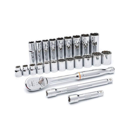 A complete layout of the GEARWRENCH 80559 metric set components including a 90-tooth slim head ratchet, two full polish chrome extensions, and a variety of 6-point standard and deep sockets ranging from 8mm to 19mm.
