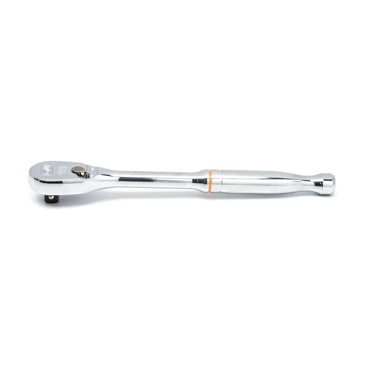 A side profile of the GEARWRENCH 3/8-inch drive 90-tooth teardrop ratchet, highlighting the ultra-slim head design and ergonomic full polish chrome handle for superior access in tight engine compartments.