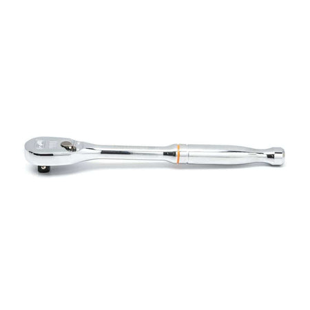 A side profile of the GEARWRENCH 3/8-inch drive 90-tooth teardrop ratchet, highlighting the ultra-slim head design and ergonomic full polish chrome handle for superior access in tight engine compartments.