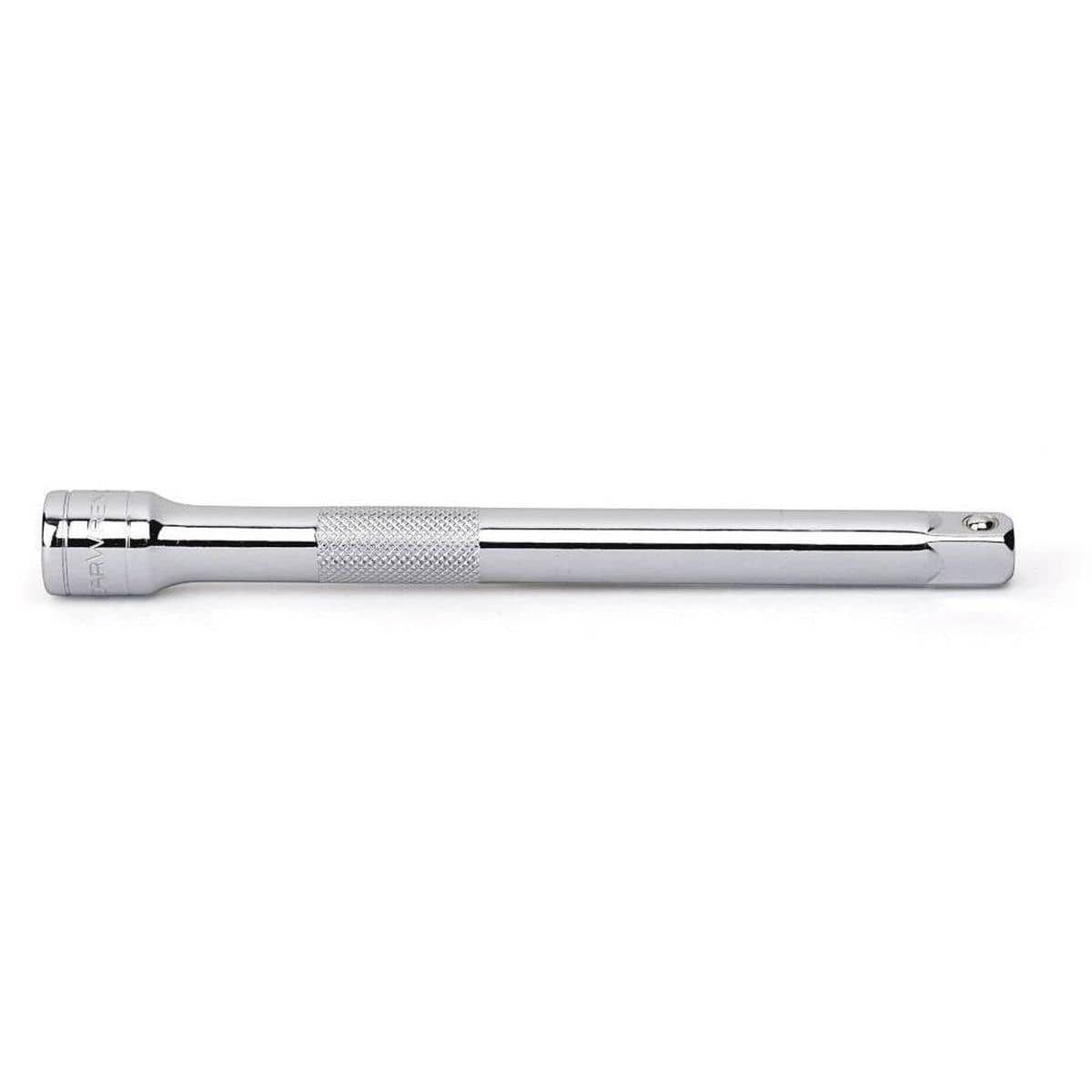 A detailed shot of a GEARWRENCH full polish chrome extension bar featuring a knurled grip section for enhanced control and manual hand-turning during technical mechanical repairs.