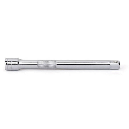 A detailed shot of a GEARWRENCH full polish chrome extension bar featuring a knurled grip section for enhanced control and manual hand-turning during technical mechanical repairs.