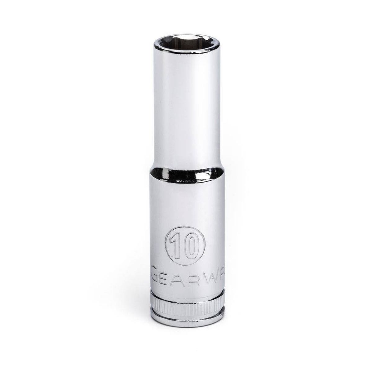 A close-up view of a GEARWRENCH 10mm deep metric socket, showcasing the high-luster chrome finish and the large, hard-stamped size markings for permanent identification and quick selection.