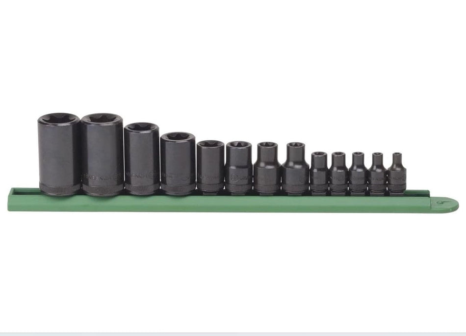 A comprehensive product photograph of the GEARWRENCH 13-piece external Torx socket set mounted on its green storage rail, including sizes from E4 through E24 for professional mechanical use.