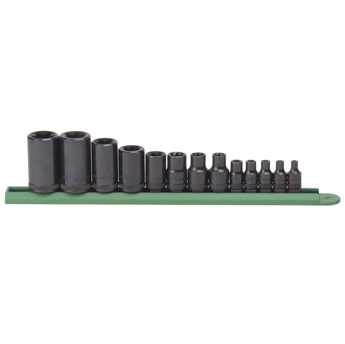 A comprehensive product photograph of the GEARWRENCH 13-piece external Torx socket set mounted on its green storage rail, including sizes from E4 through E24 for professional mechanical use.